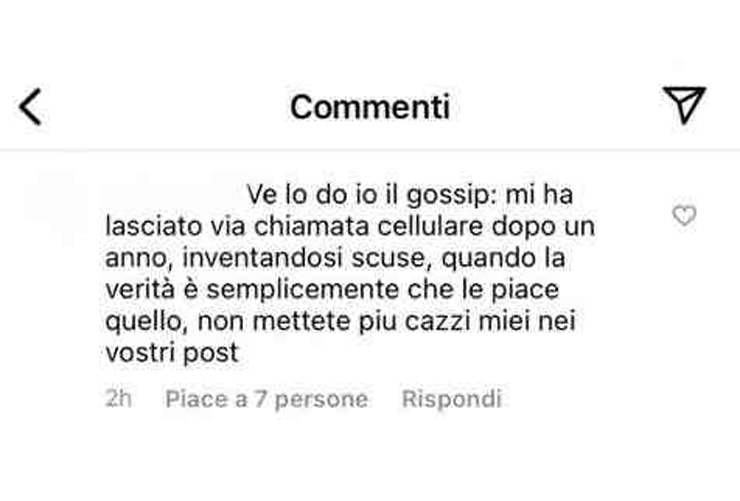 Commento Instagram ex fidanzato Sissi Amici 